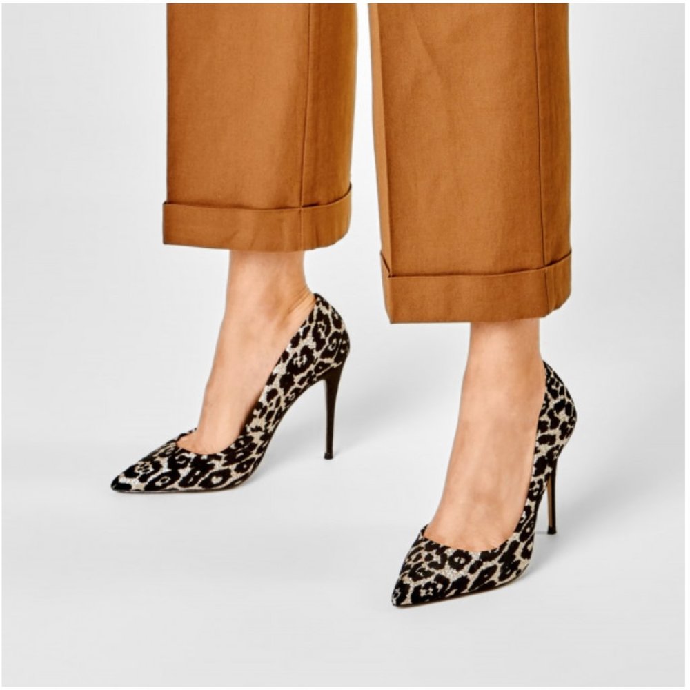 Leopard Print Pointed Toe Stiletto Pumps - Black & Cream
